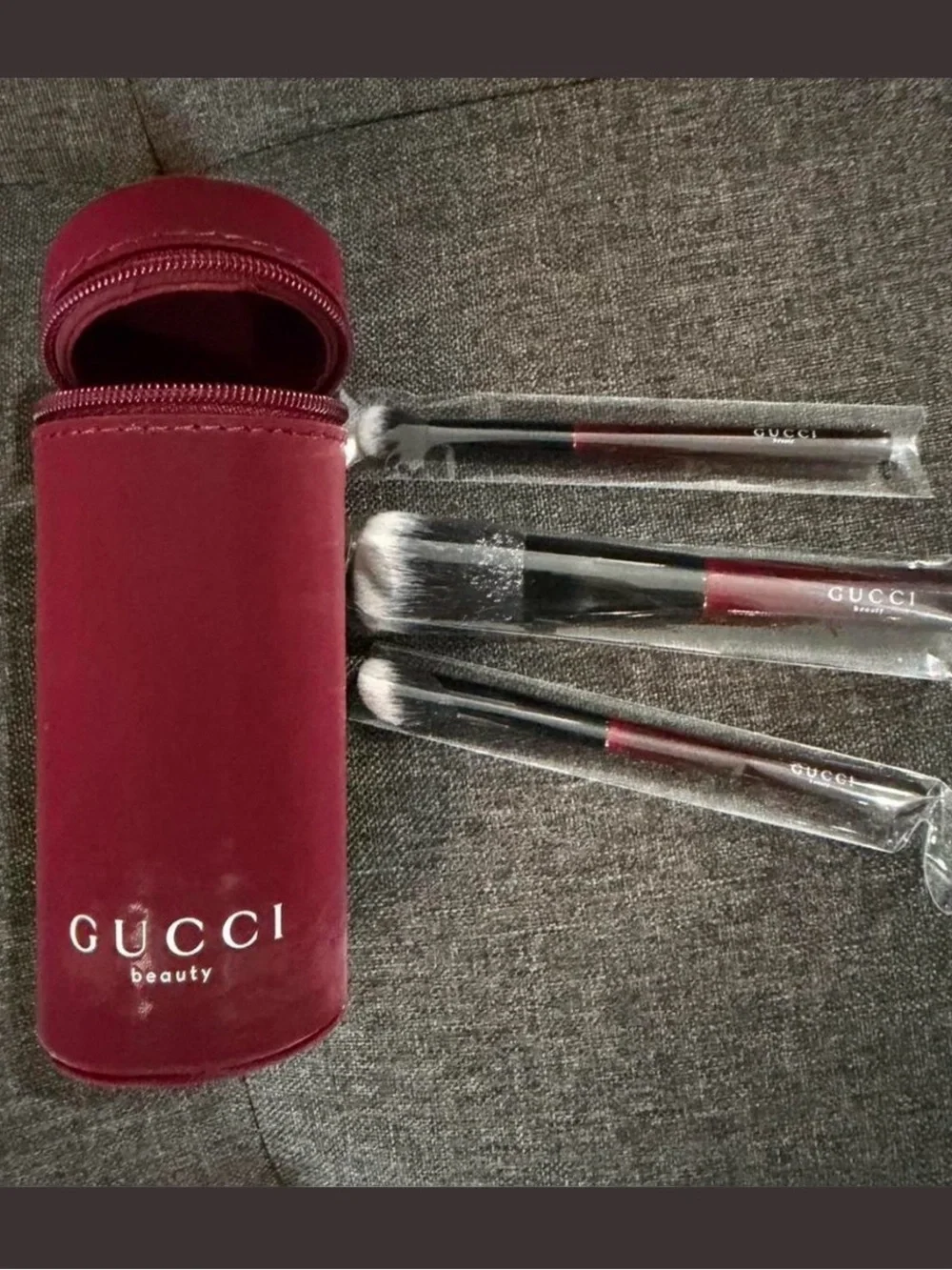 Gucci Burgundy Makeup Brush Set with Matching Case